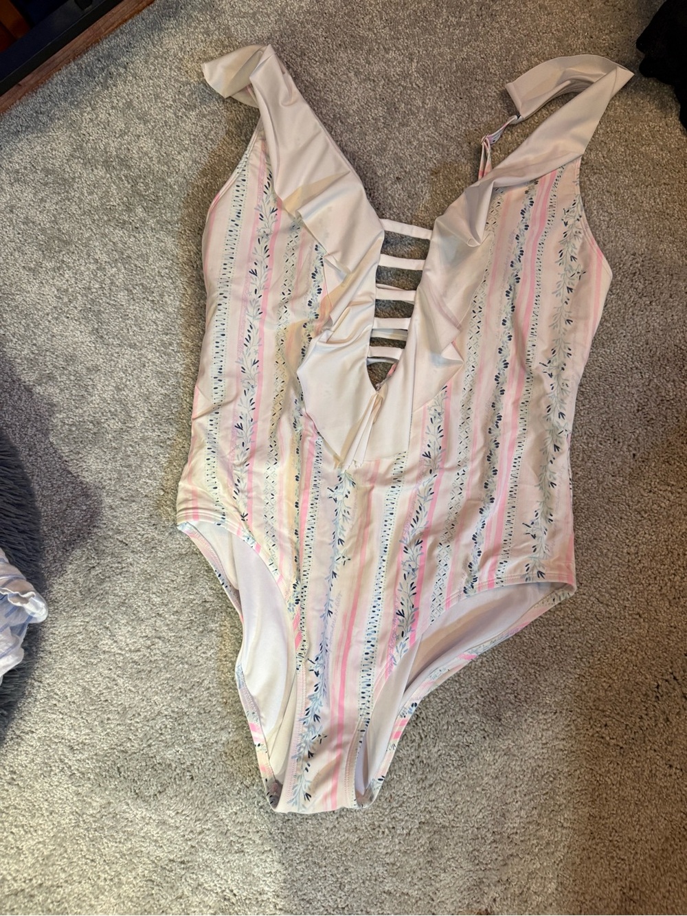 Pink and white Striped One-Piece with Front Ruffle